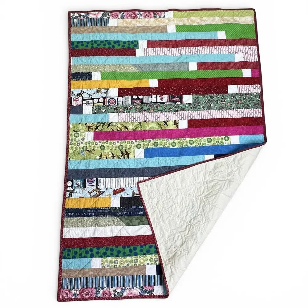 Quilt Handmade Colorful Strip Piece 60x43 Lightweight Lap Throw Farmhouse Boho